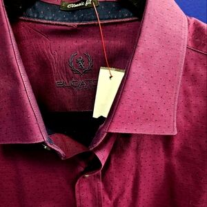 Bugatchi Men Dark Burgundy Navy Dots Button Down  Luxury Soft 100% Cotton Shirt